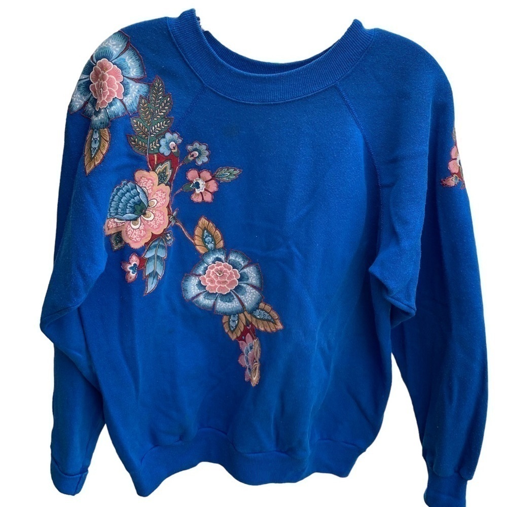 American Vintage Royal Blue Sweatshirt with Pink & Teal Floral Embroidery